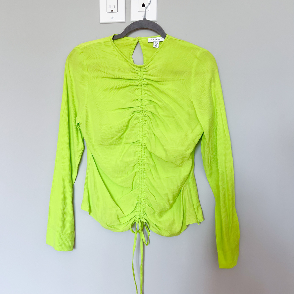 NEW Topshop Neon Yellow Ruched Long Sleeve Blouse Top Tie Front Viscose US6